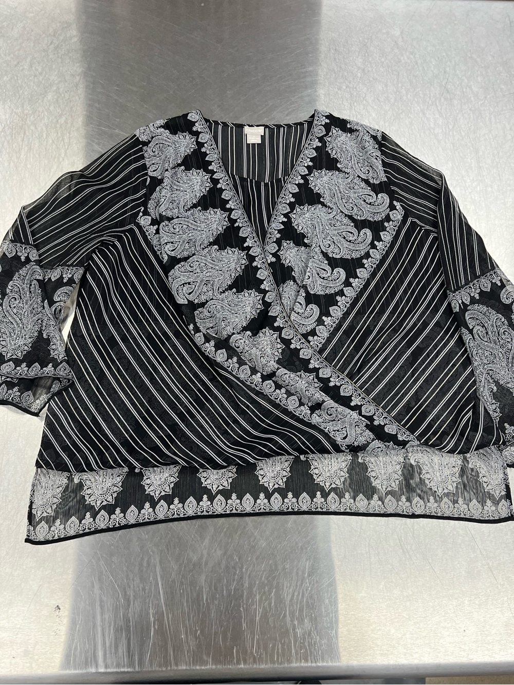 Chico's Black & White Paisley Sheer Wrap Blouse Women’s 3 or XL